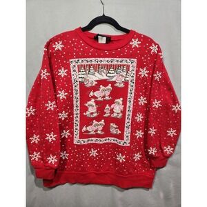 Vintage 80's Red Christmas Holiday Sweatshirt Skating Bears Winter Puff Paint LG